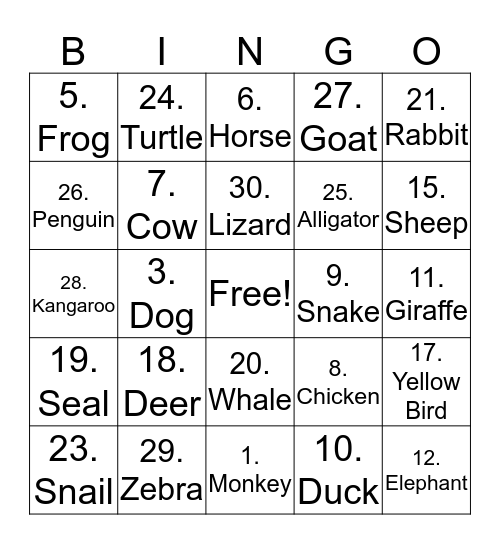 Animal Bingo Card