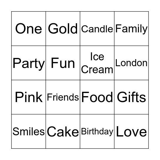 Londons 1st Birthday Bingo Card