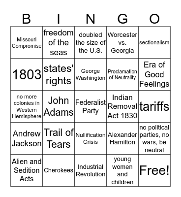 Early Republic Bingo Card