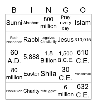 Religion Bingo Card