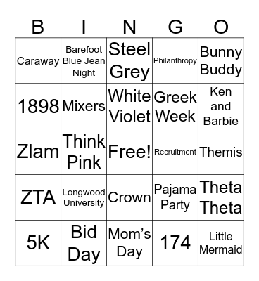 ZETA TAU ALPHA Bingo Card
