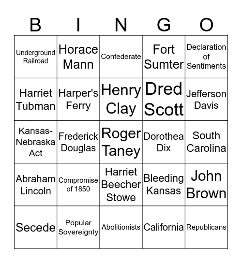 Pre Civil War Bingo Card