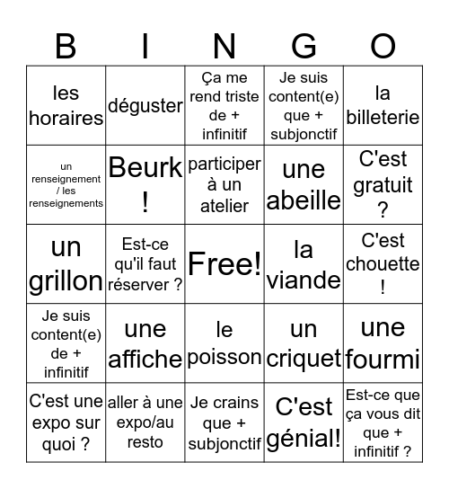 Quizz Unité 6 Bingo Card