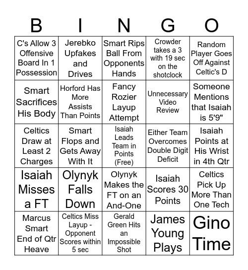 Celtics Bingo Card