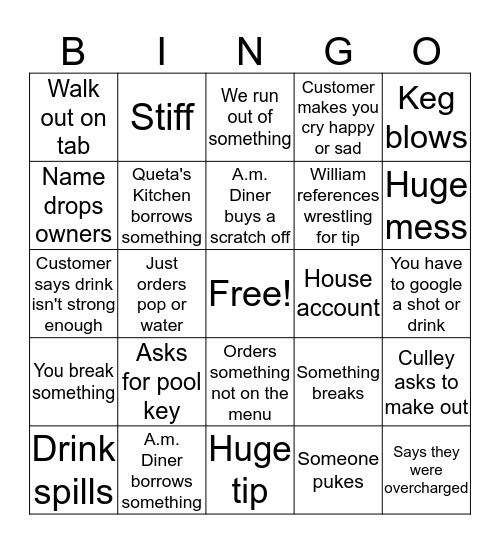 Bartender Bingo Card