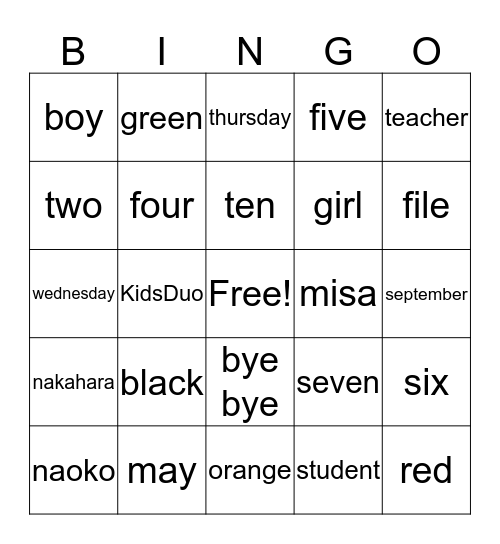 KidsDuo Bingo!! Bingo Card