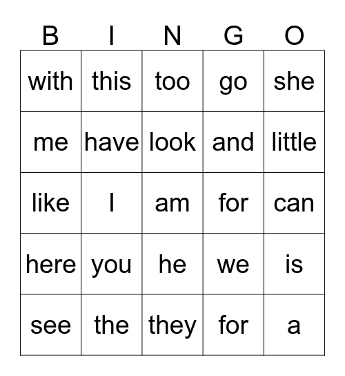 Sight Words  Bingo Card