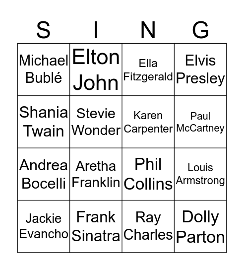 Famous Singers Bingo Card