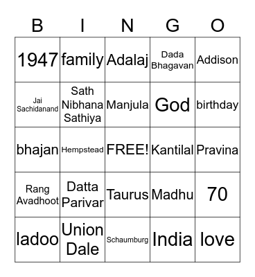 Pravina's Birthday Bingo Card