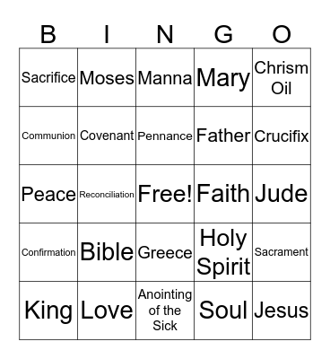 Confirmation Class Bingo Card