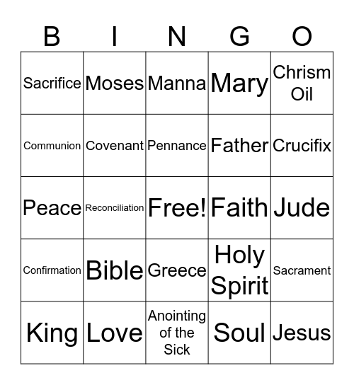 Confirmation Class Bingo Card