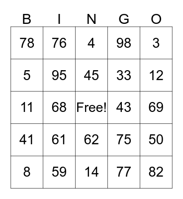 Number Bingo Card