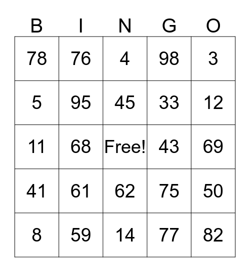 Number Bingo Card