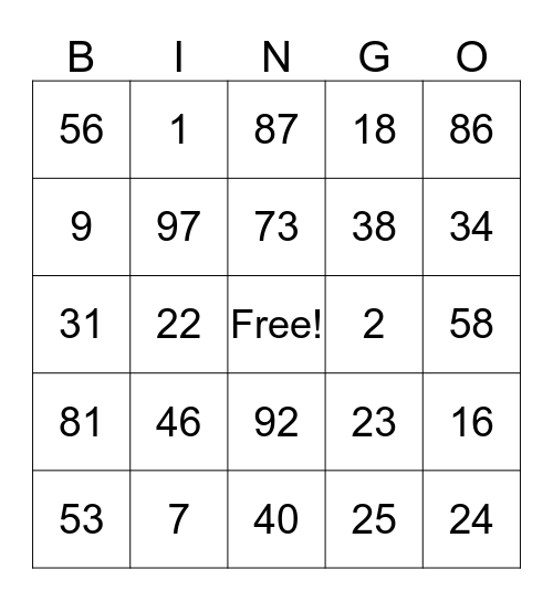 Number Bingo Card