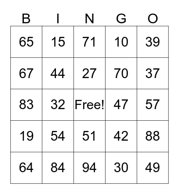 Number Bingo Card