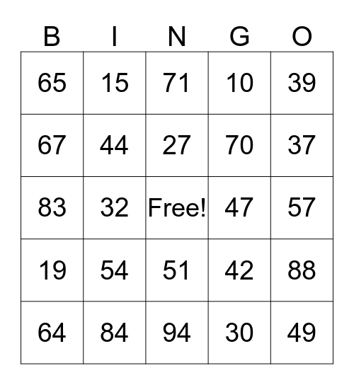 Number Bingo Card