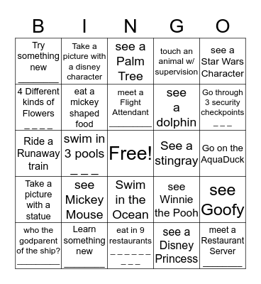 Disney Family Vacation Bingo Card