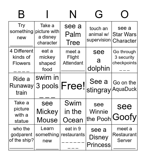 Disney Family Vacation Bingo Card