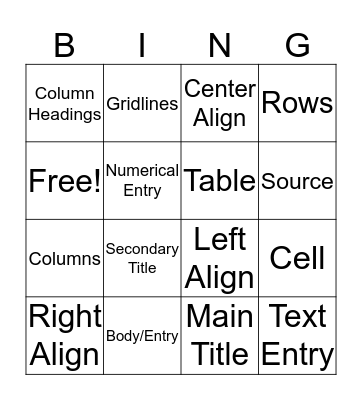 Word Processing Basics: TABLES Bingo Card