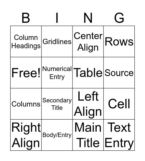 Word Processing Basics: TABLES Bingo Card