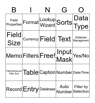 Database Basics Bingo Card