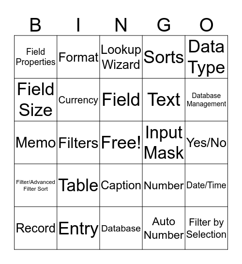 Database Basics Bingo Card