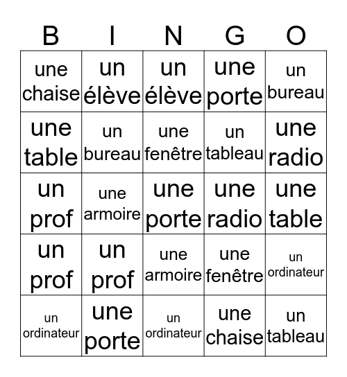 Qu'est-ce qu'il y a dans ta classe?  Bingo Card