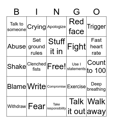 Anger Bingo Card