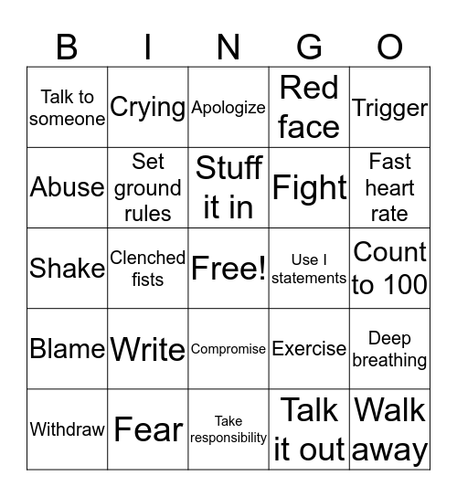 Anger Bingo Card