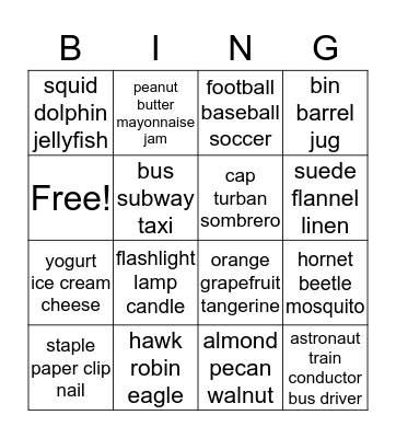 Category Bingo Card