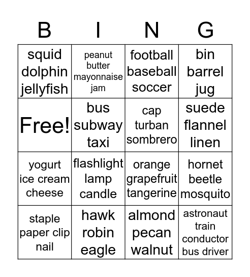 Category Bingo Card
