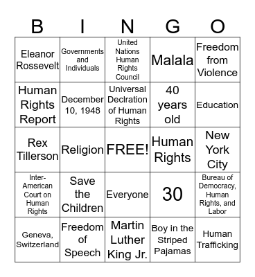 Human Rights Bingo Card