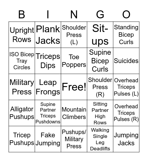Fitness Bingo Card