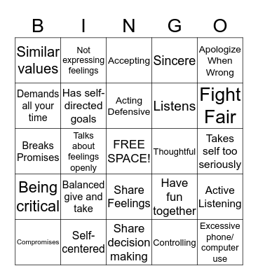 Healthy Relationship Bingo Card