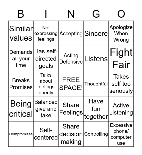 Healthy Relationship Bingo Card