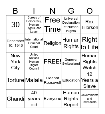 Human Rights Bingo Card