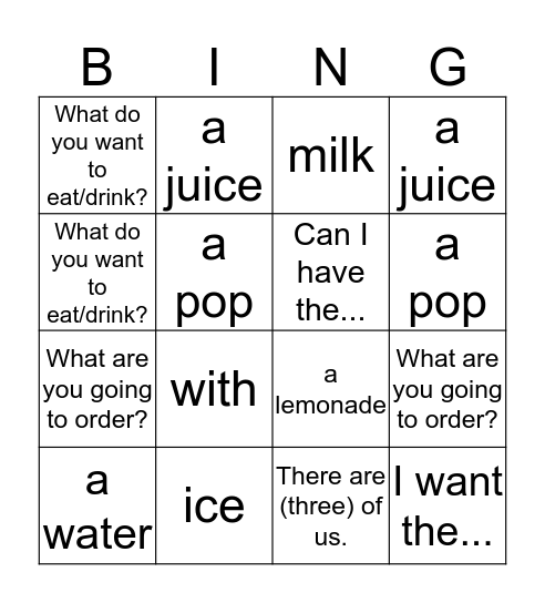 Pedir/Bebidas Bingo Card