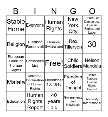 Human Rights Bingo Card