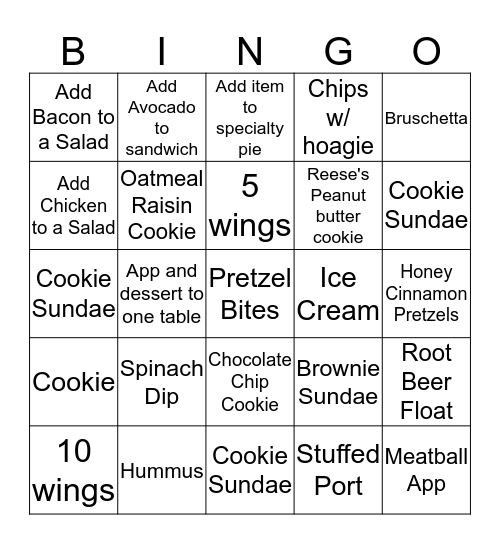 Save Room for Dessert Bingo Card