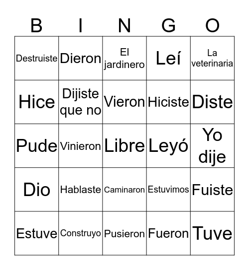 6.1. Preterite Irregulars  Bingo Card