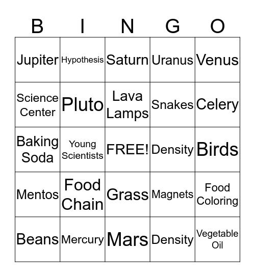 Young Scientists Bingo Card