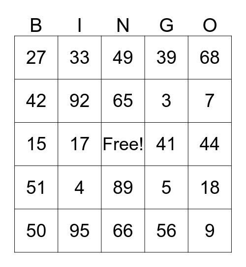 Numbers Bingo Card