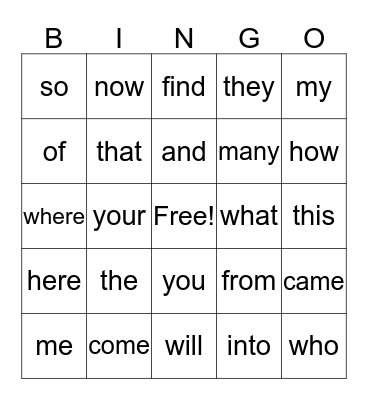 Hadley's Sight Words Bingo Card