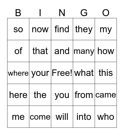 Hadley's Sight Words Bingo Card