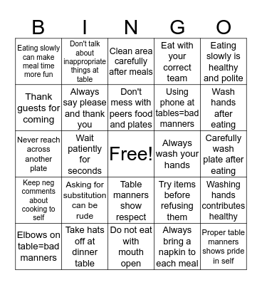 Table manners  Bingo Card