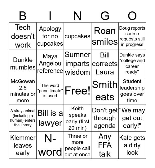 Faculty Meeting Bingo Card