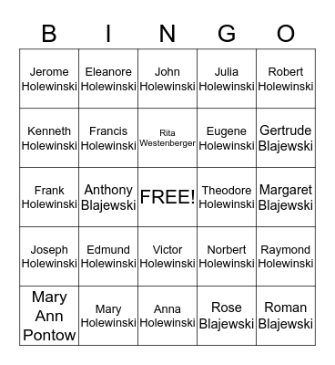 Holewinski Family Bingo Card