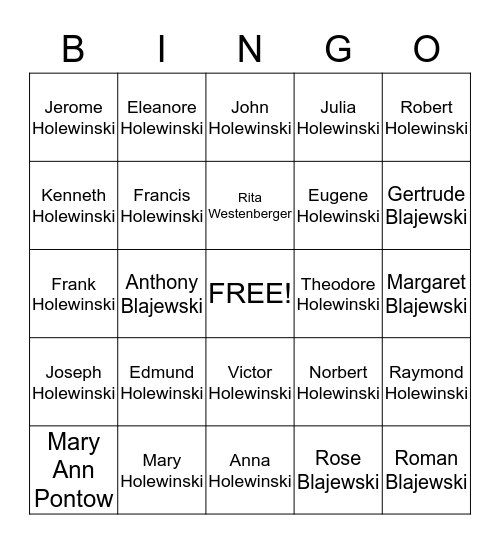 Holewinski Family Bingo Card