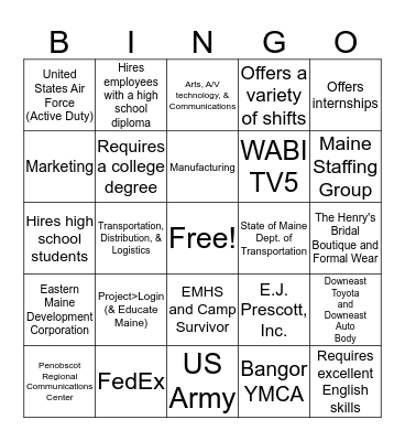 Career Fair Bingo Card