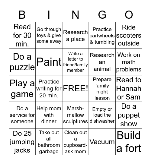 Paige's Boredom Buster! Bingo Card